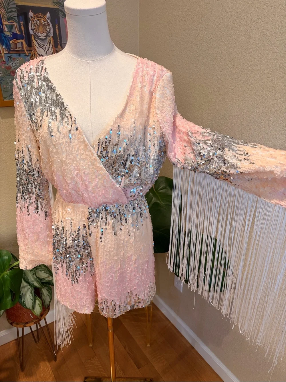 Nasty Gal Pink and Silver Sequin Fringe Romper - Size Small (US 4) - Picture 1 of 7